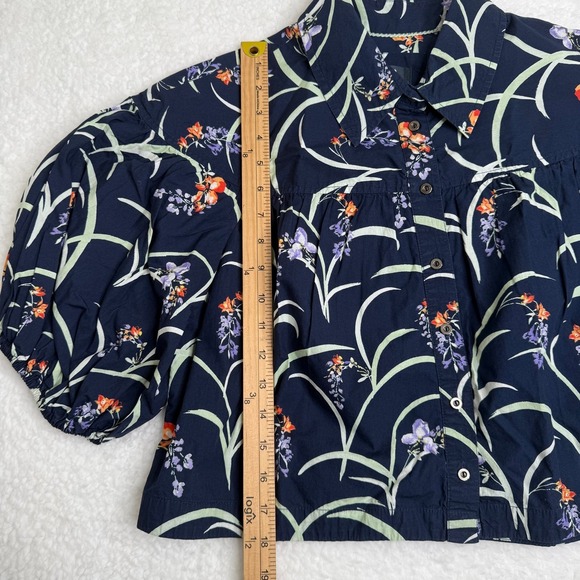 Maeve Anthropologie SP Floral Puff Sleeve Button Down Blouse Navy Cotton - Picture 9 of 9